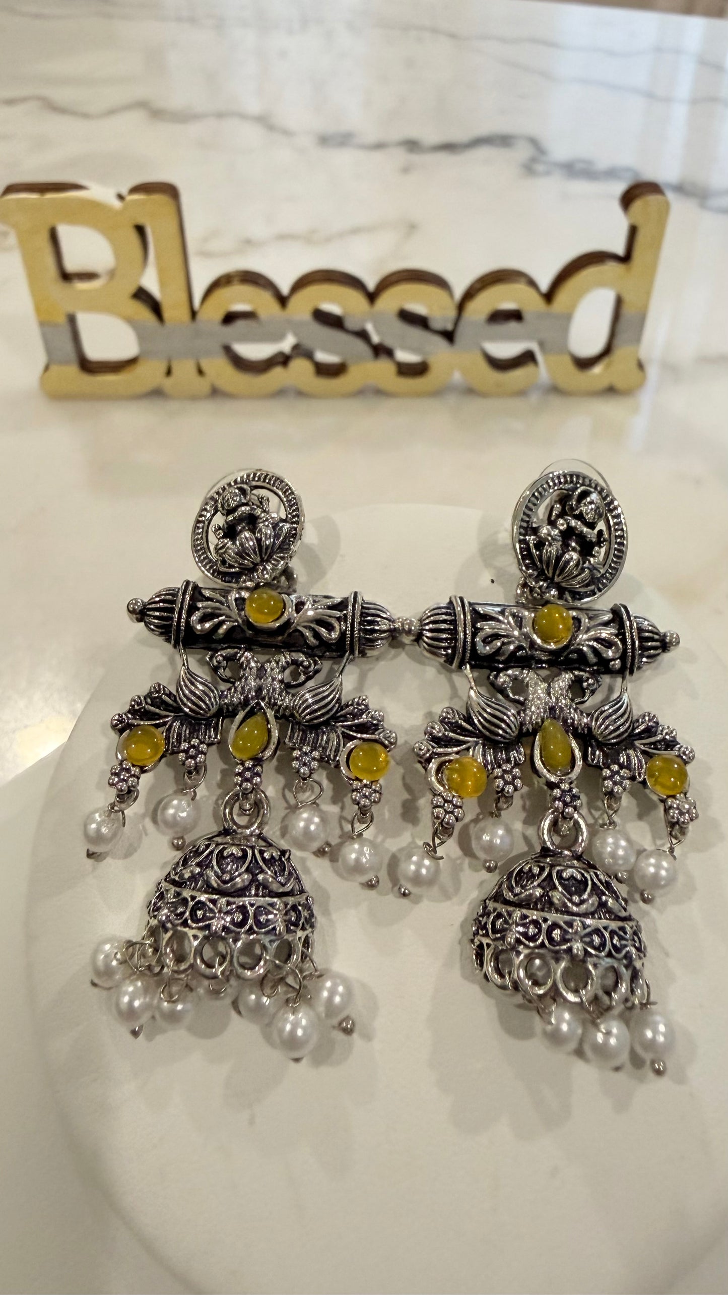 Oxidized Silver Earrings with Goddess Laxmi Design,