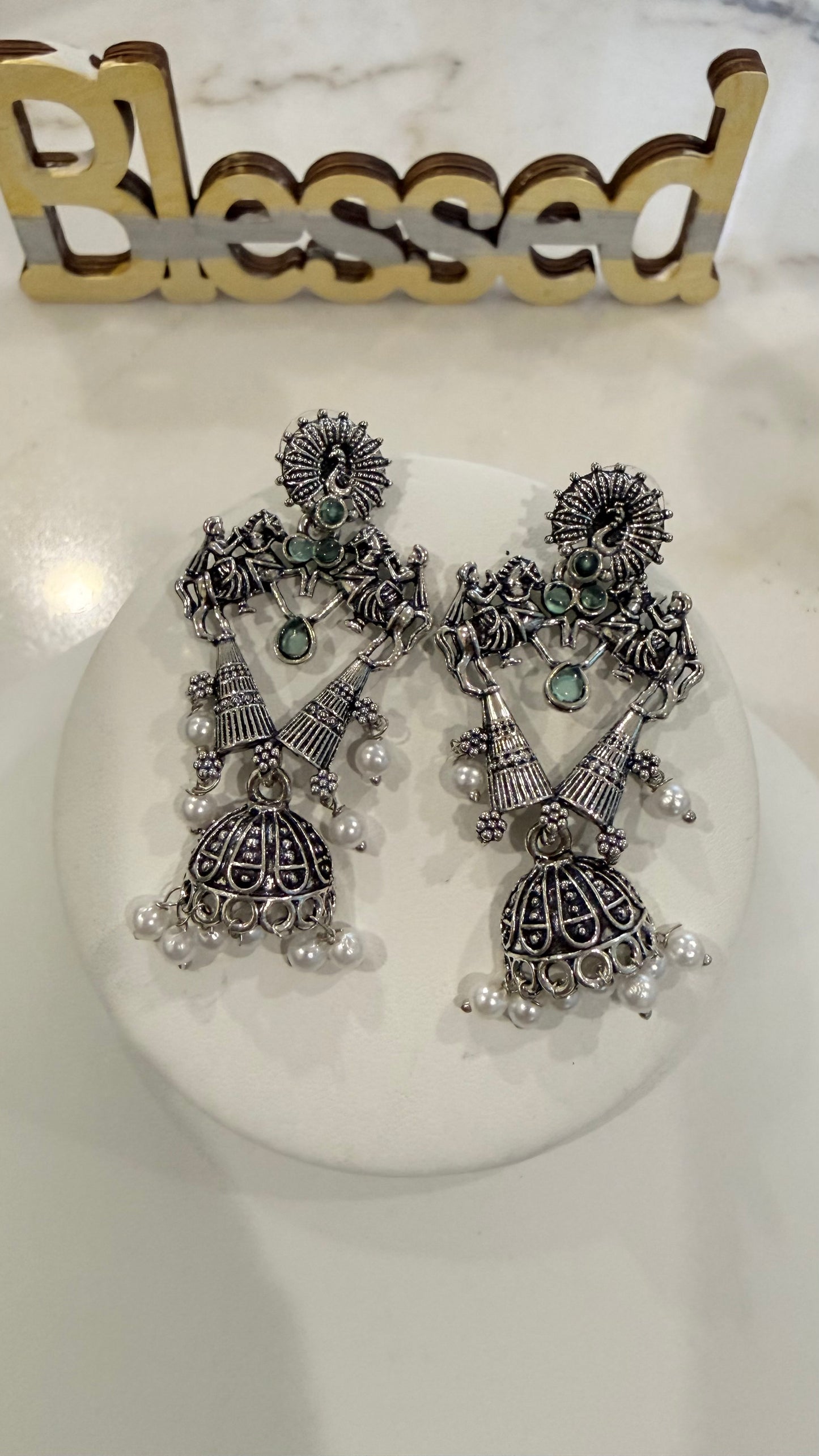 Oxidized Silver Earrings with Goddess Laxmi Design,