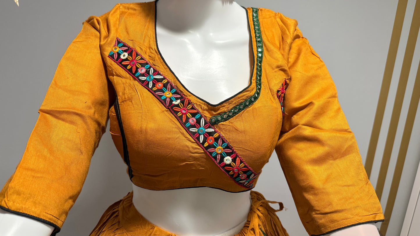 mustard rayon cotton chaniya choli & black dupatta
