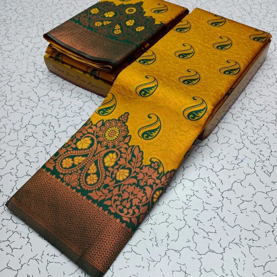Red & Beige and Yellow & Green Kanchipuram Semi-Silk Saree with Paisley Zari Work | The Enhanced Beauty USA