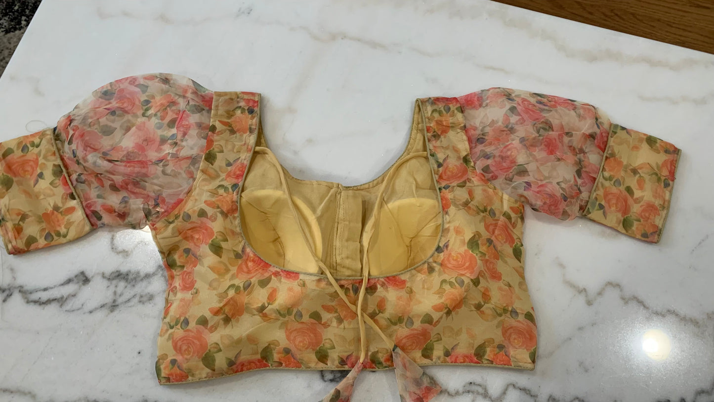 Organza Puff Sleeve Saree Blouse – Padded Back Hook Design (Available in Yellow, Blue, Pink & More)