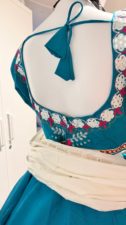 Teal Blue Embroidered Chaniya Choli – 6 Meter Flair