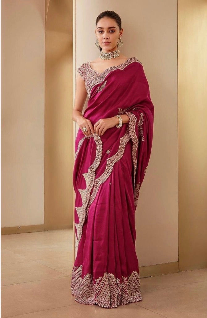 Cherry Red Vichitra Saree with Sequin & Cutwork Embroidery ✨