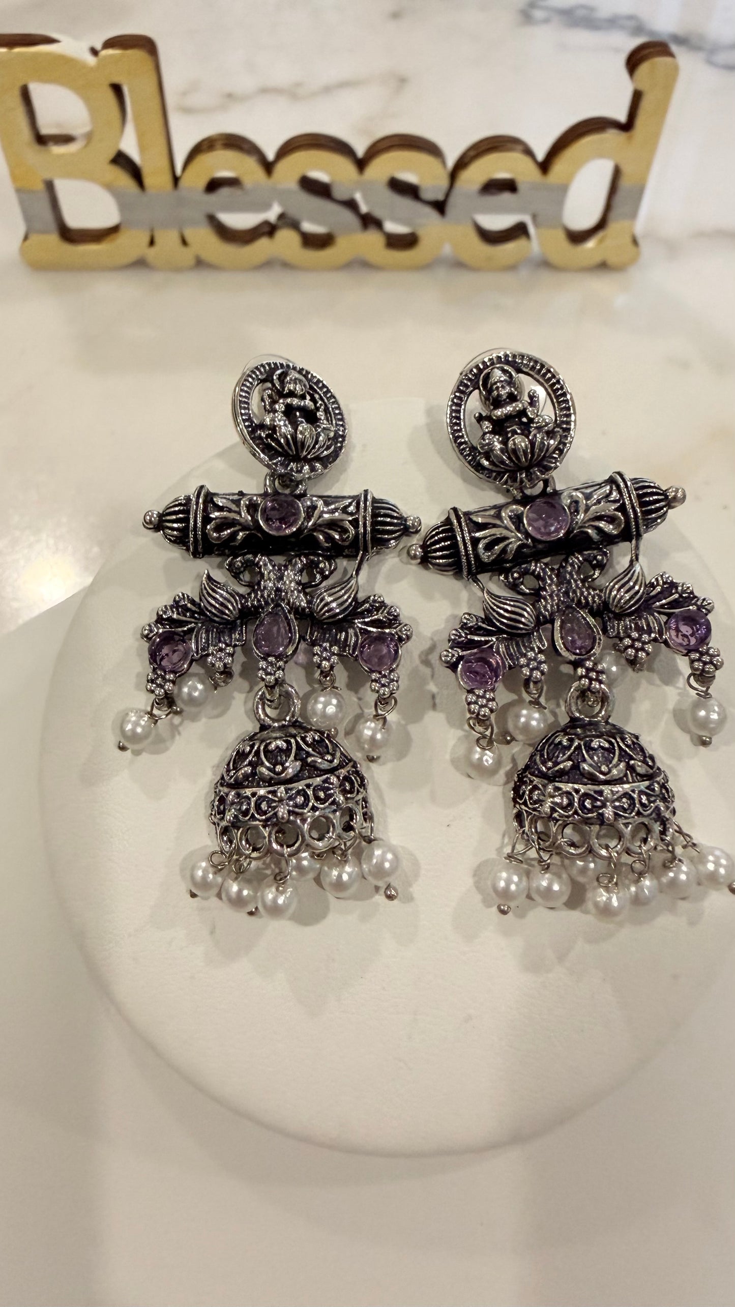 Oxidized Silver Earrings with Goddess Laxmi Design,
