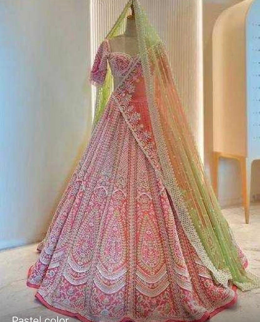 Jasmine Pink Bridal Lehenga Set – Hand-Embroidered Raw Silk with Double Dupattas