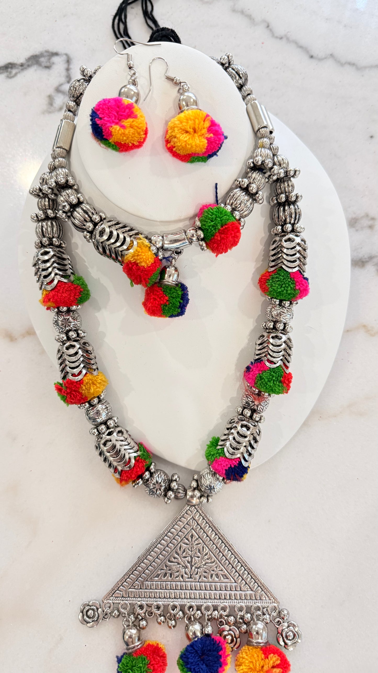 Banjara Necklace & Earrings Set – Pom-Pom Floral Beads | Navratri