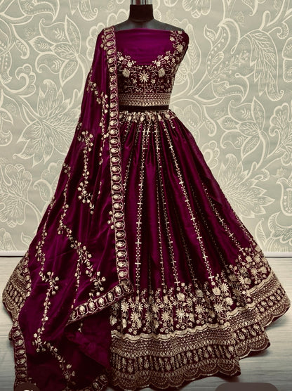Maroon Chiffon Satin Embroidered Lehenga Set | Bridal & Festive Wear
