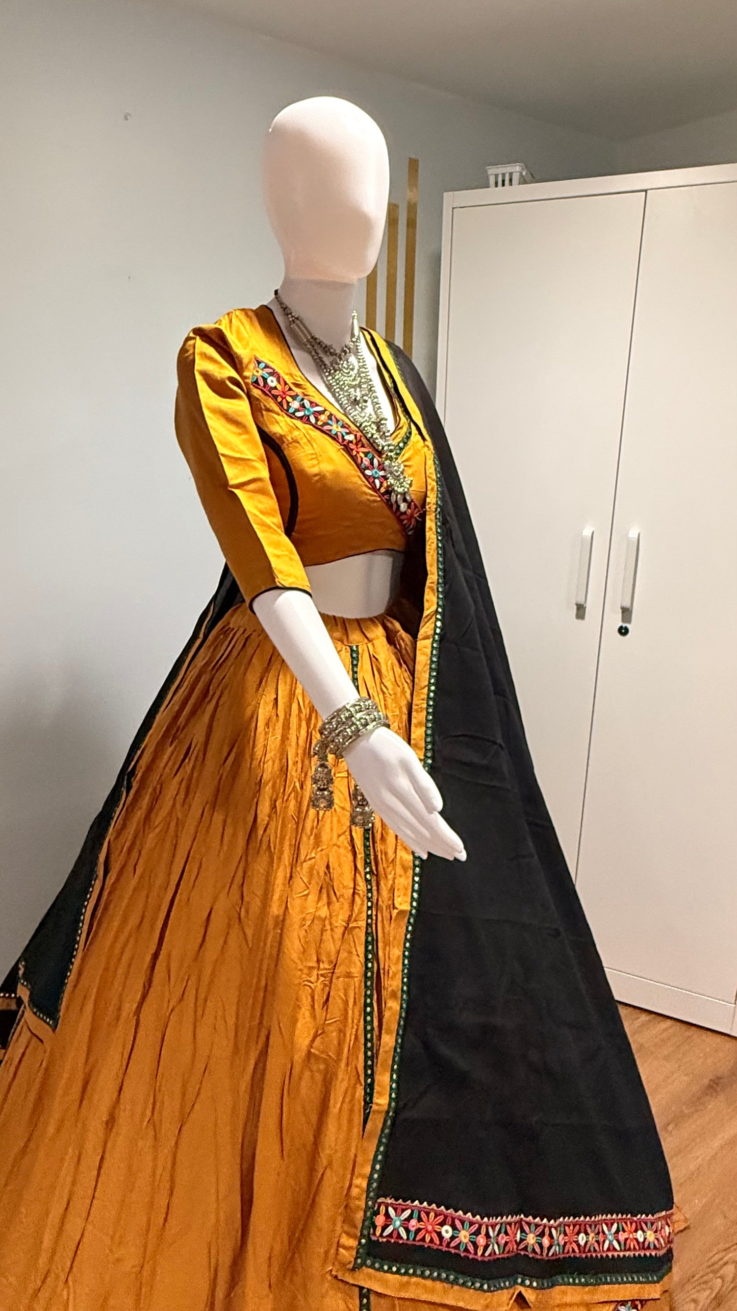 mustard rayon cotton chaniya choli & black dupatta