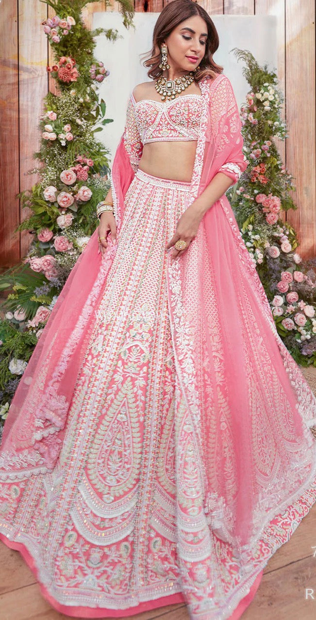 Jasmine Pink Bridal Lehenga Set – Hand-Embroidered Raw Silk with Double Dupattas