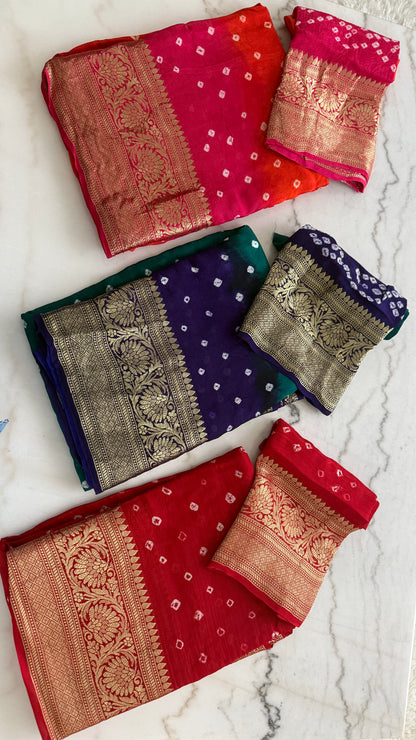 Multi color hand bandhej bandhani saree with Rich zari weaving work
