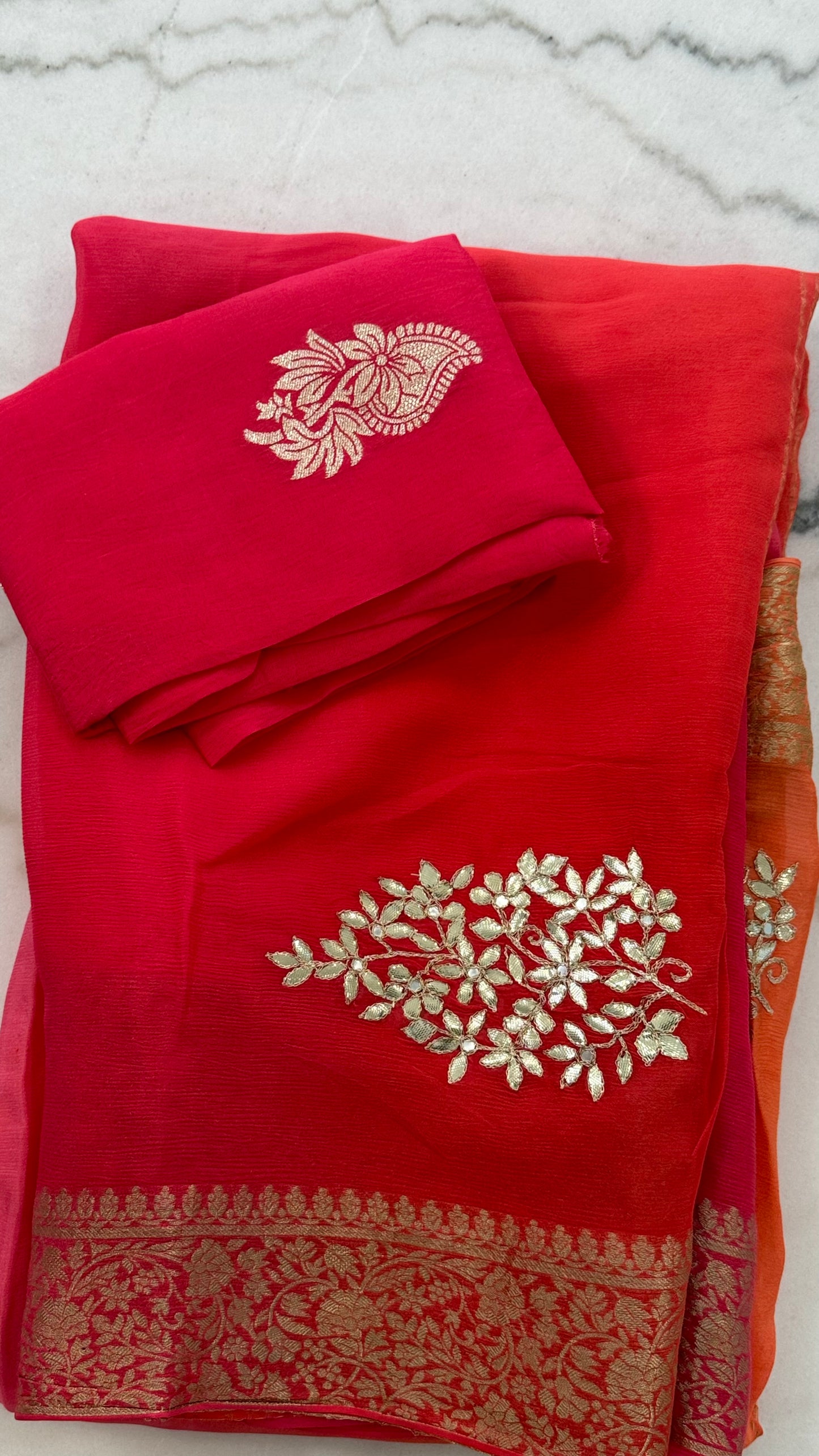 Limited Edition Pink-Orange Ombre Georgette Saree with Gota Patti Work