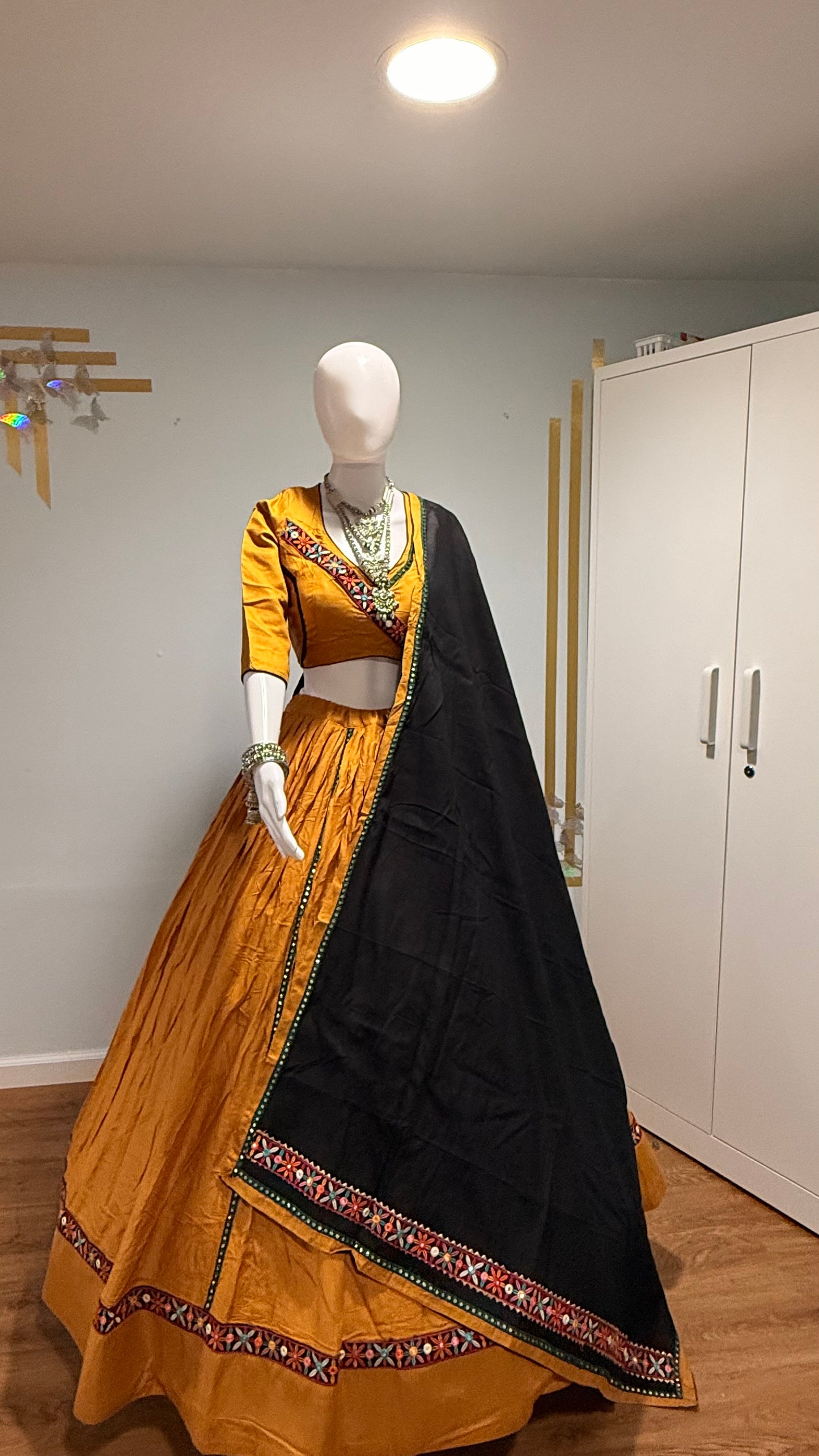 mustard rayon cotton chaniya choli & black dupatta