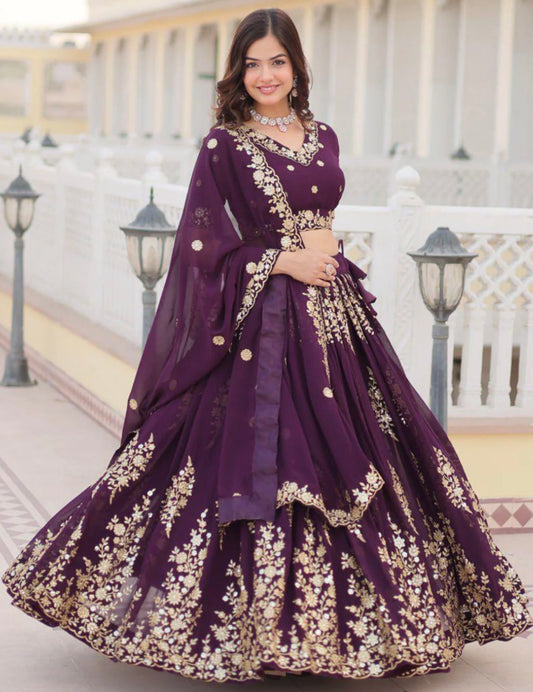 Party Wear Regal Plum Purple Embroidered Lehenga Set with Dupatta