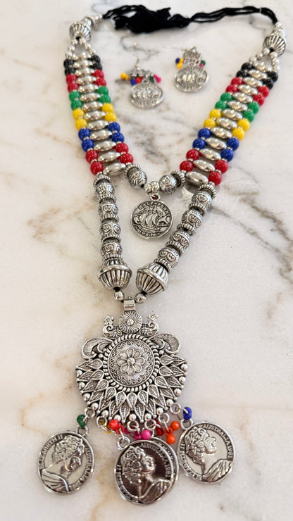 Oxidized Silver Coin Necklace Set | Colorful Beaded Tribal Jewelry
