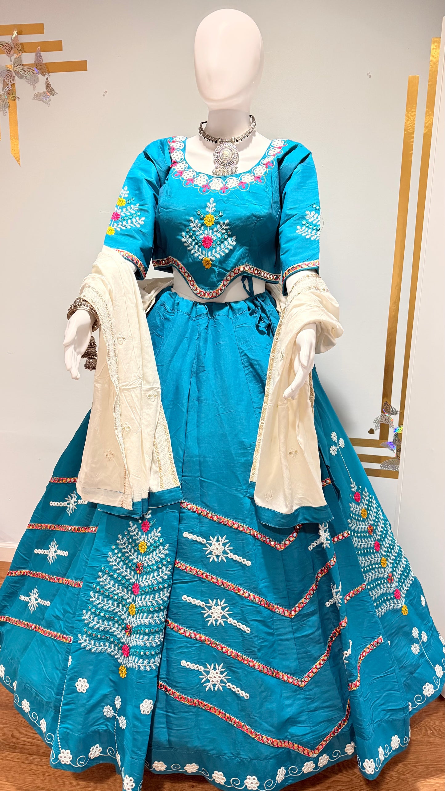 Teal Blue Embroidered Chaniya Choli – 6 Meter Flair