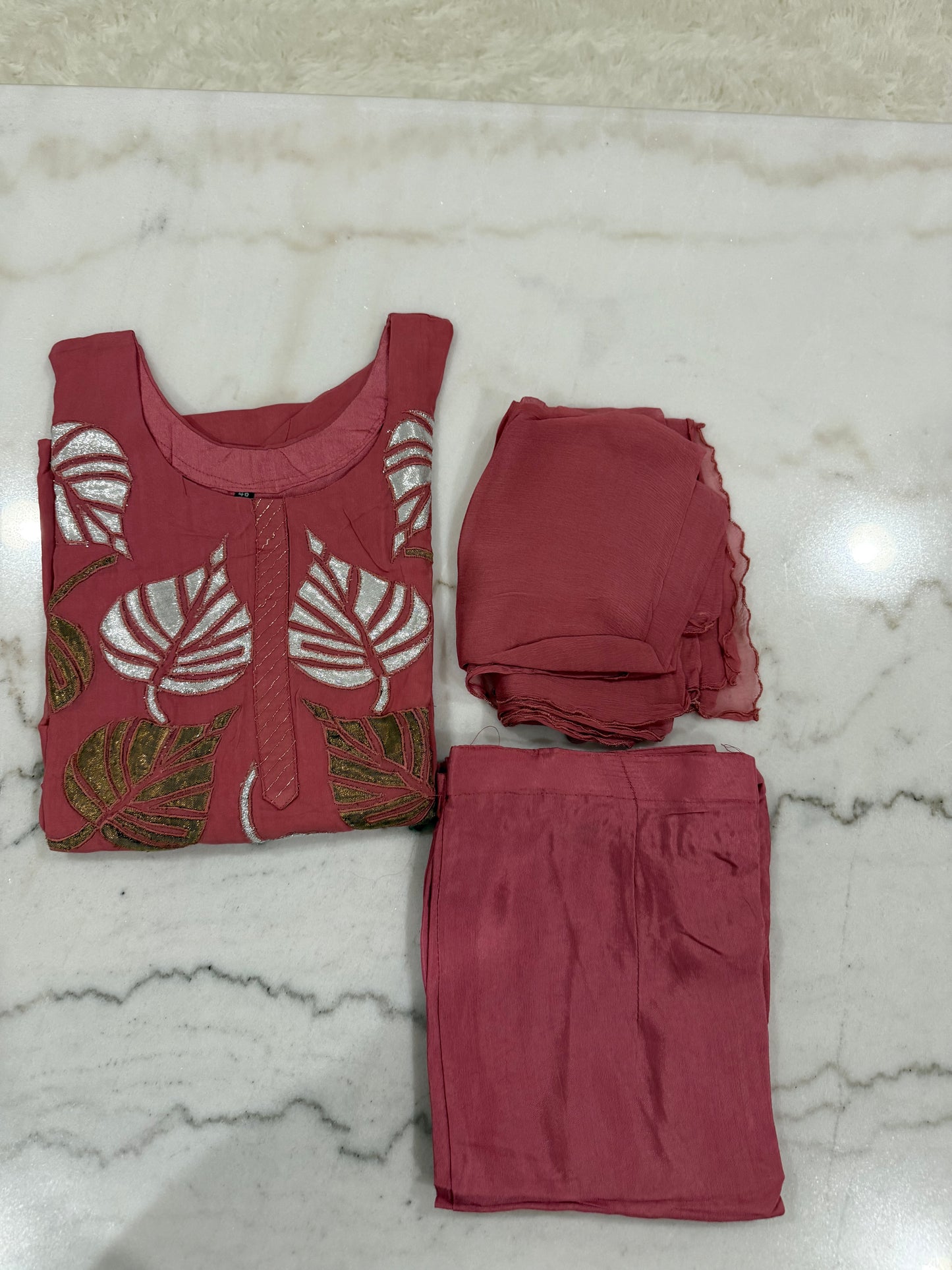 Elegant Embroidered Leaf Design Salwar Suit Set – Rosewood Pink