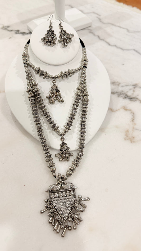 Elegant Oxidized Triple Layer Long Necklace Set – Premium Indian Jewelry