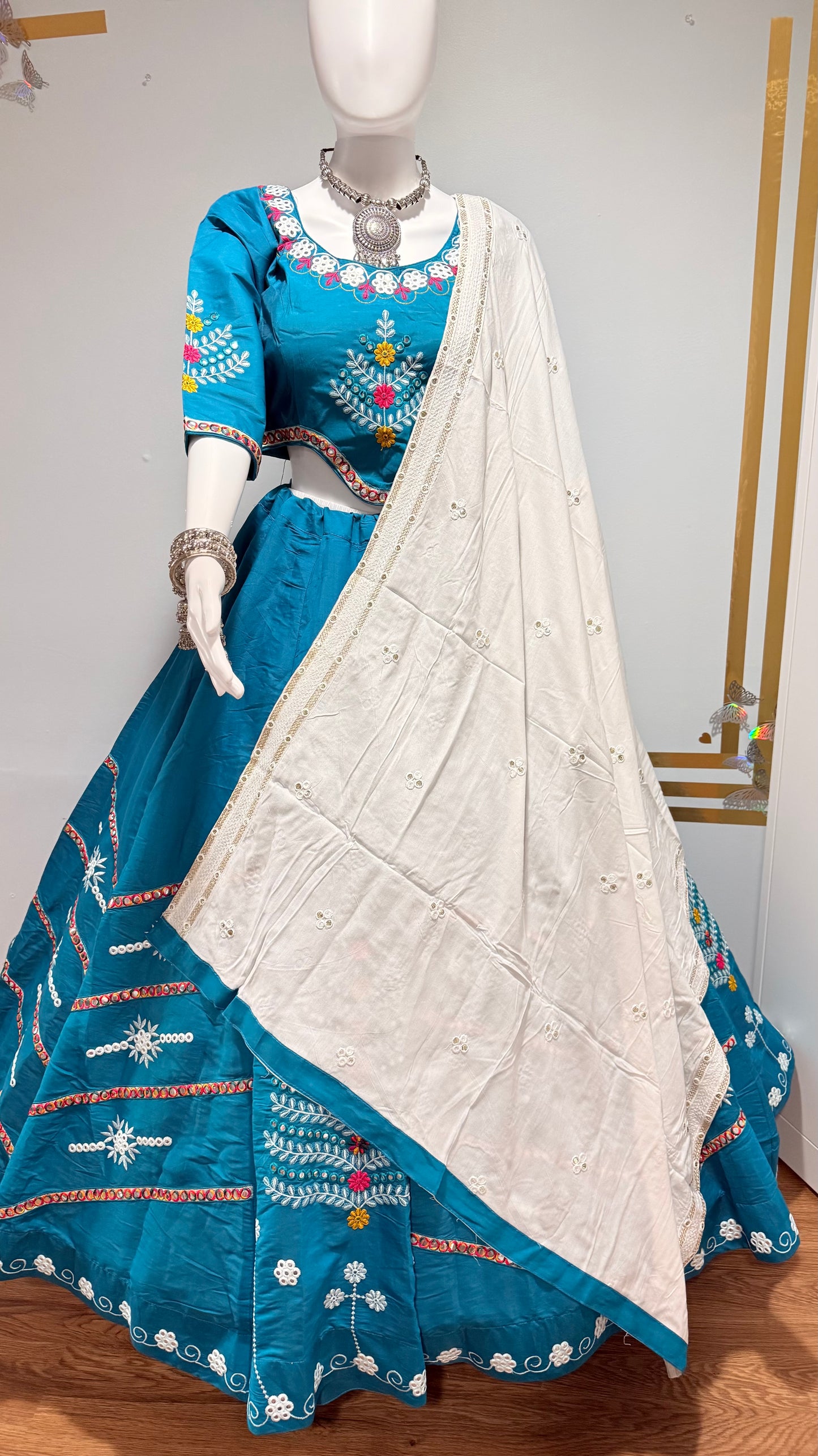 Teal Blue Embroidered Chaniya Choli – 6 Meter Flair
