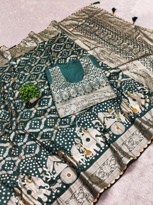 Royal Legacy – Pure Russian Silk Saree with Hathi-Ghora Motifs & Heavy Zari Work
