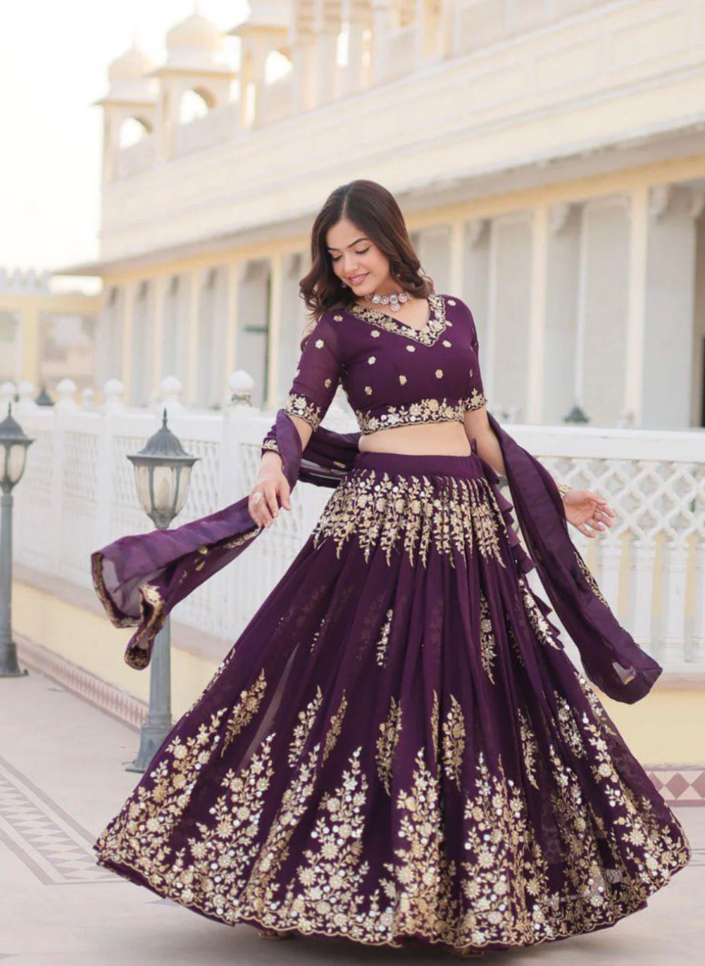 Party Wear Regal Plum Purple Embroidered Lehenga Set with Dupatta