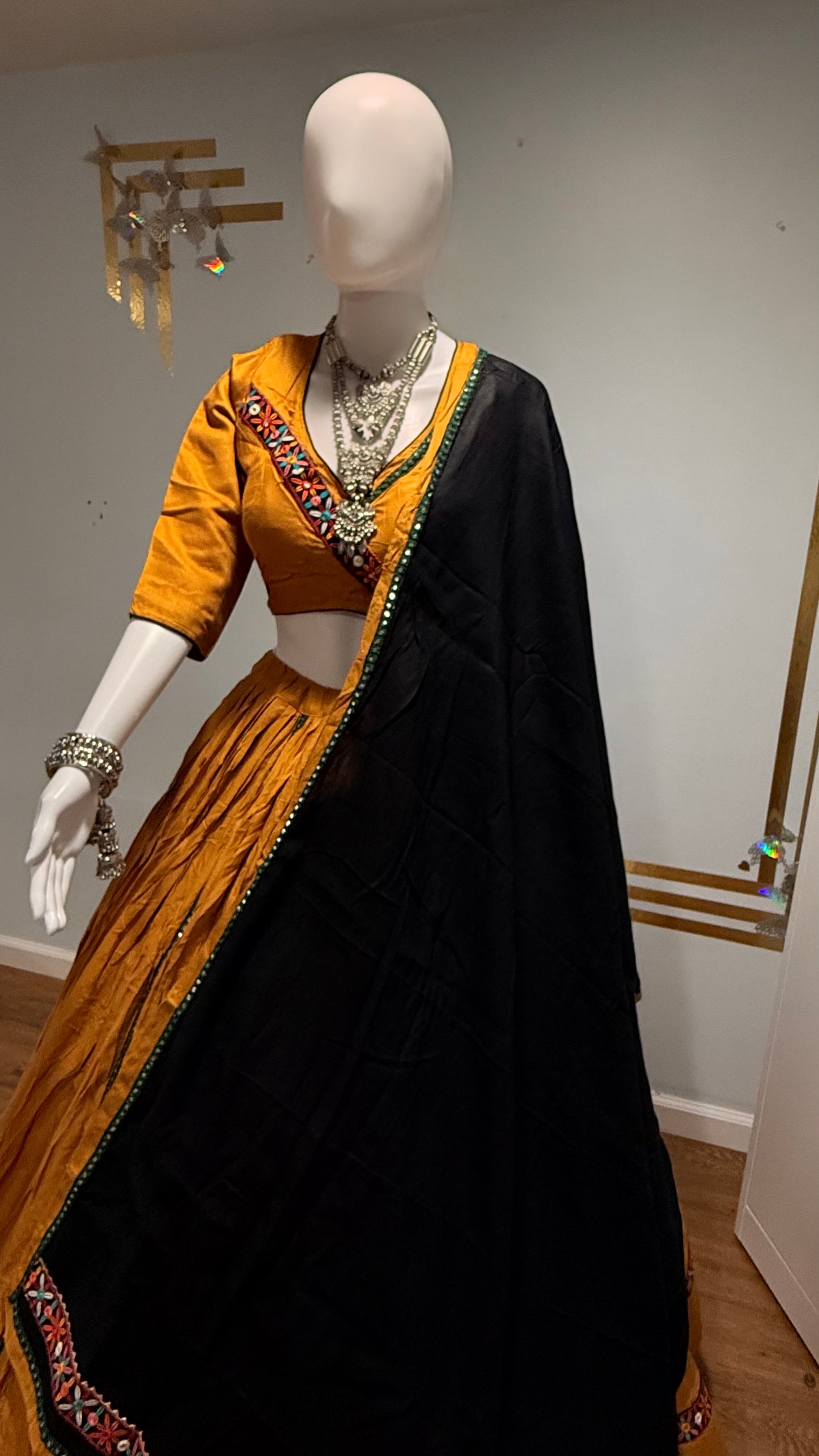 mustard rayon cotton chaniya choli & black dupatta