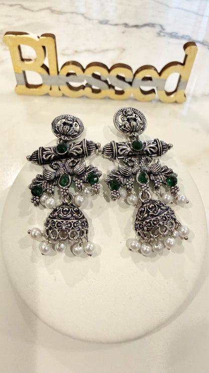 Oxidized Silver Earrings with Goddess Laxmi Design,