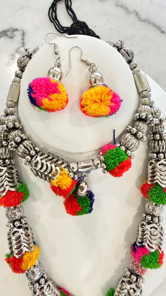 Banjara Necklace & Earrings Set – Pom-Pom Floral Beads | Navratri
