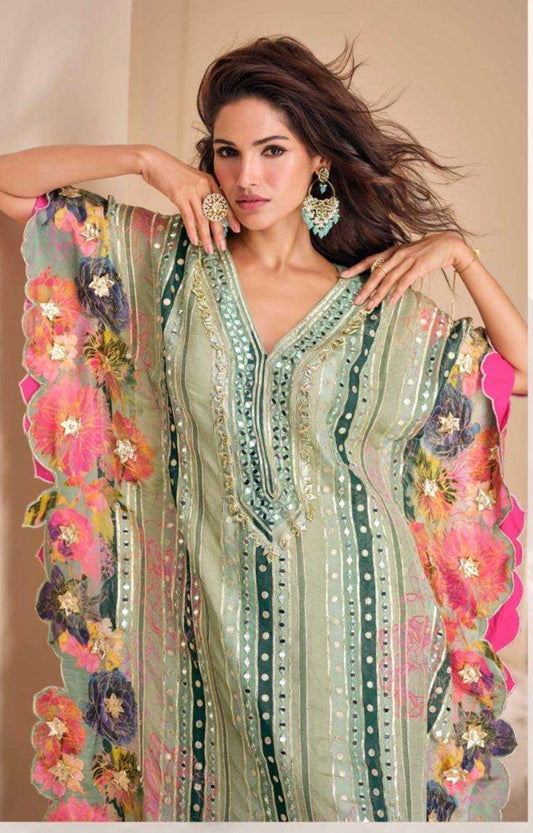 Dhoti Suit, Kaftan Style Suit, Crepe Silk, Pista Green, Mehendi Outfit, Haldi Wear, Tassel Suit, Designer Suit, Summer Festive Wear, Embroidered Suit