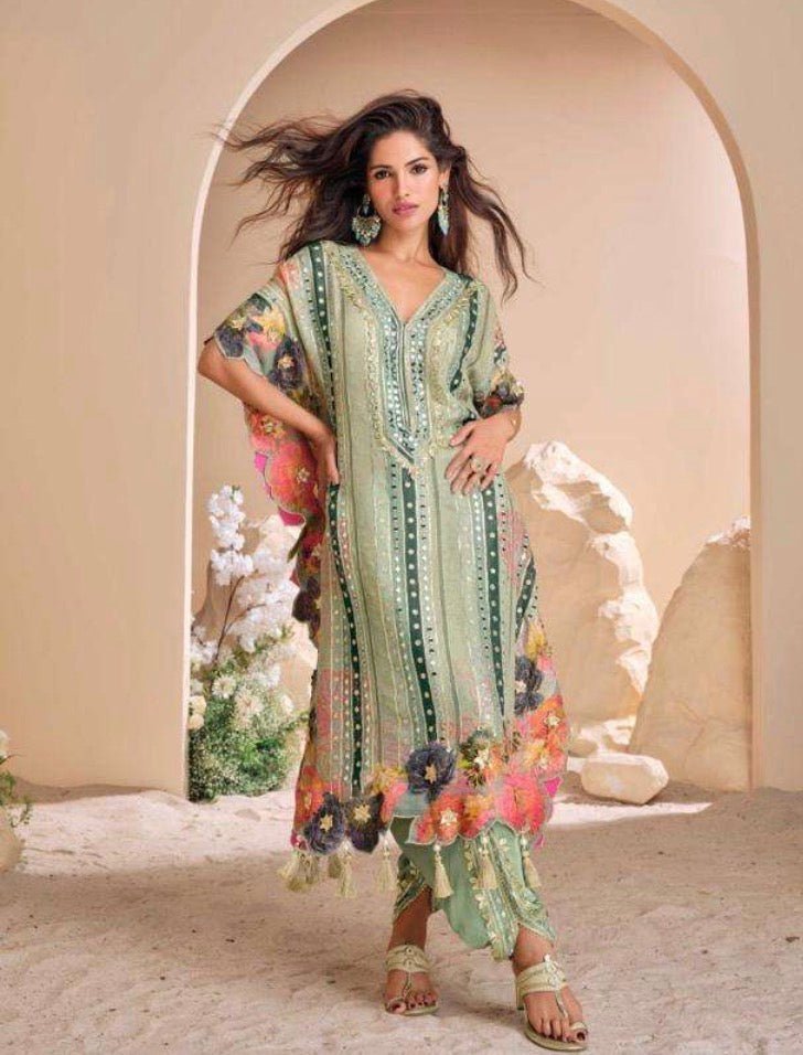 Dhoti Suit, Kaftan Style Suit, Crepe Silk, Pista Green, Mehendi Outfit, Haldi Wear, Tassel Suit, Designer Suit, Summer Festive Wear, Embroidered Suit