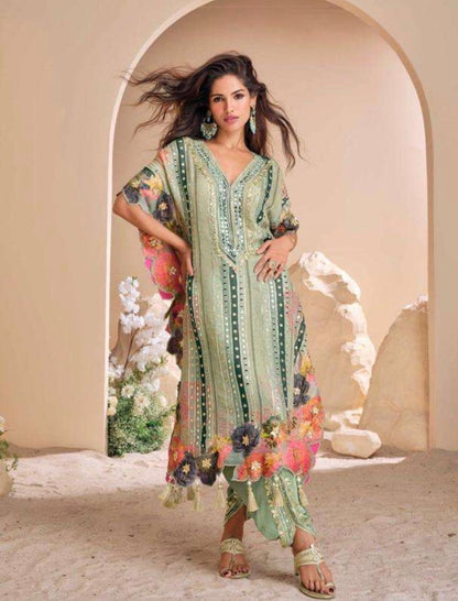 Dhoti Suit, Kaftan Style Suit, Crepe Silk, Pista Green, Mehendi Outfit, Haldi Wear, Tassel Suit, Designer Suit, Summer Festive Wear, Embroidered Suit