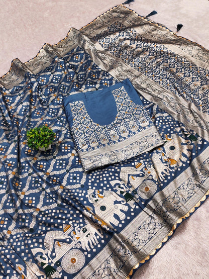 Royal Legacy – Pure Russian Silk Saree with Hathi-Ghora Motifs & Heavy Zari Work