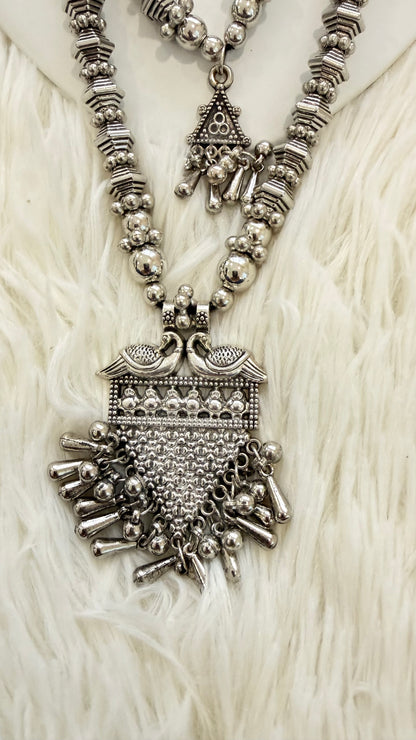 Elegant Oxidized Triple Layer Long Necklace Set – Premium Indian Jewelry