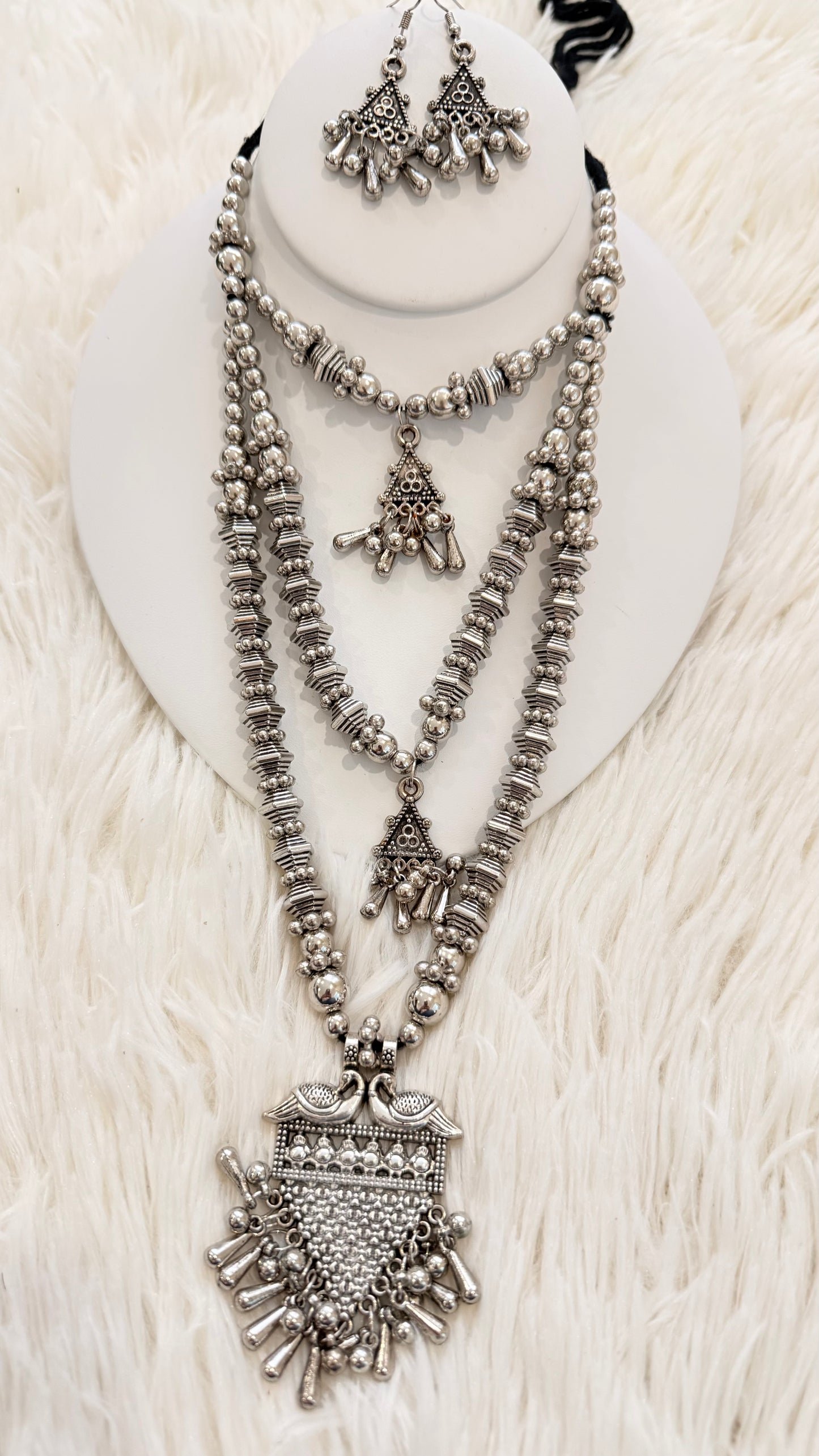 Elegant Oxidized Triple Layer Long Necklace Set – Premium Indian Jewelry