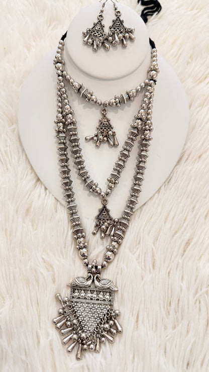 Elegant Oxidized Triple Layer Long Necklace Set – Premium Indian Jewelry