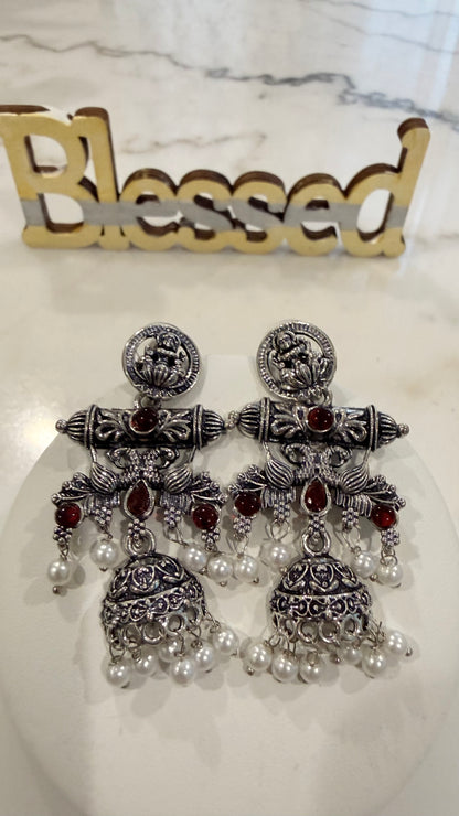 Oxidized Silver Earrings with Goddess Laxmi Design,