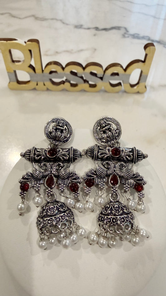 Oxidized Silver Earrings with Goddess Laxmi Design,