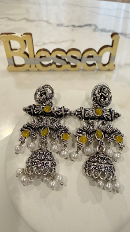 Oxidized Silver Earrings with Goddess Laxmi Design,