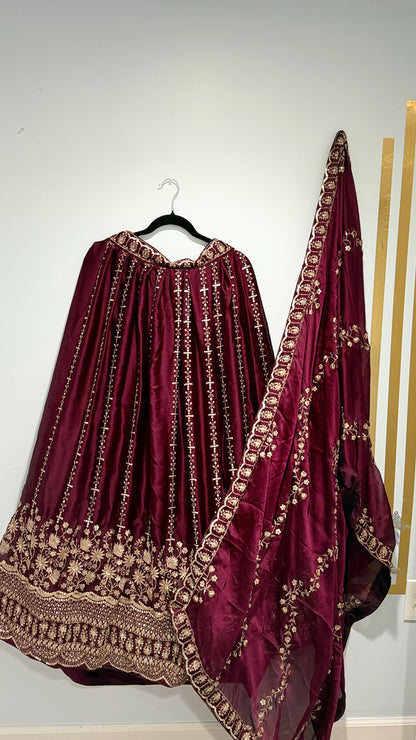 Maroon Chiffon Satin Embroidered Lehenga Set | Bridal & Festive Wear