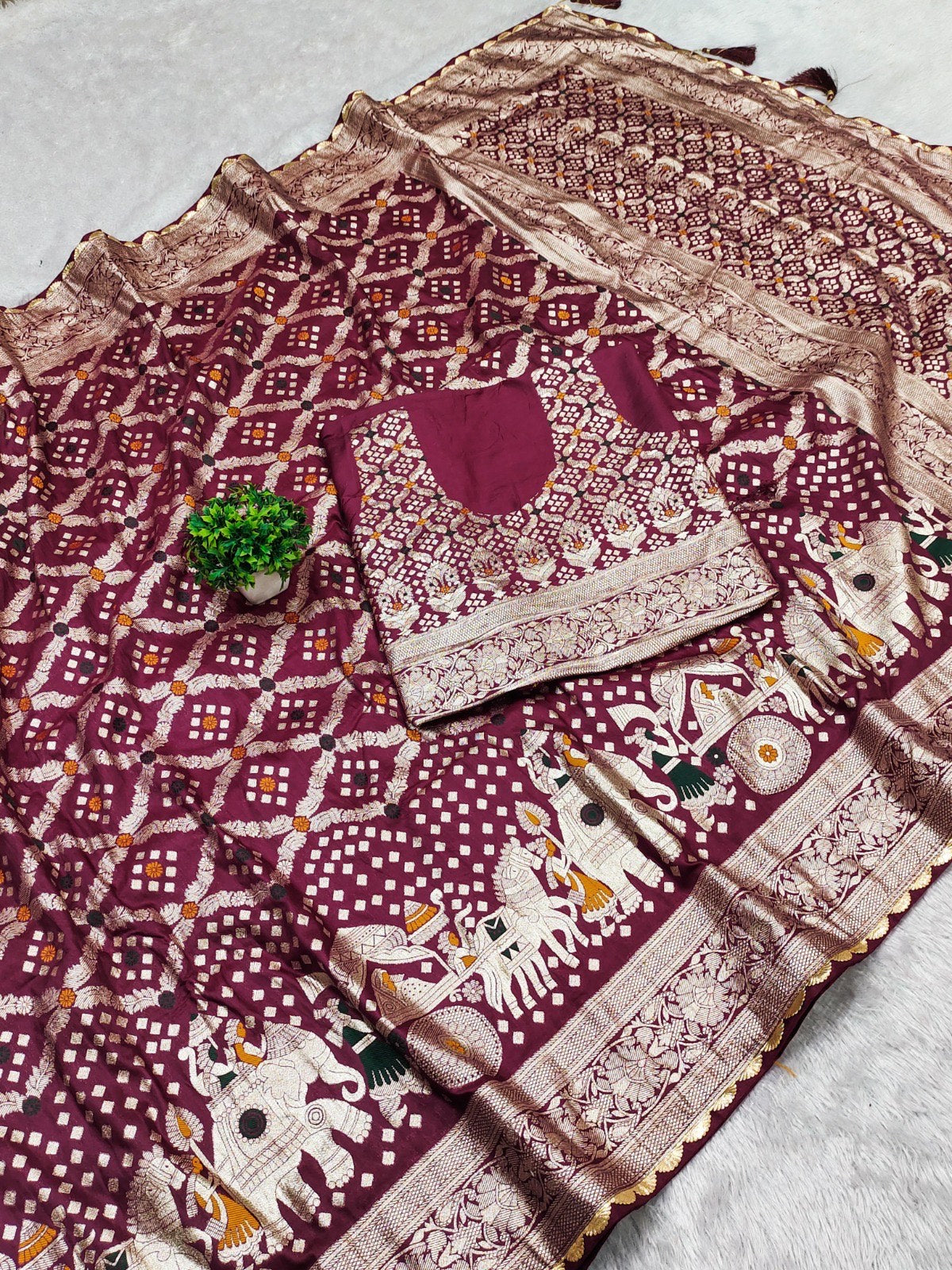 Royal Legacy – Pure Russian Silk Saree with Hathi-Ghora Motifs & Heavy Zari Work