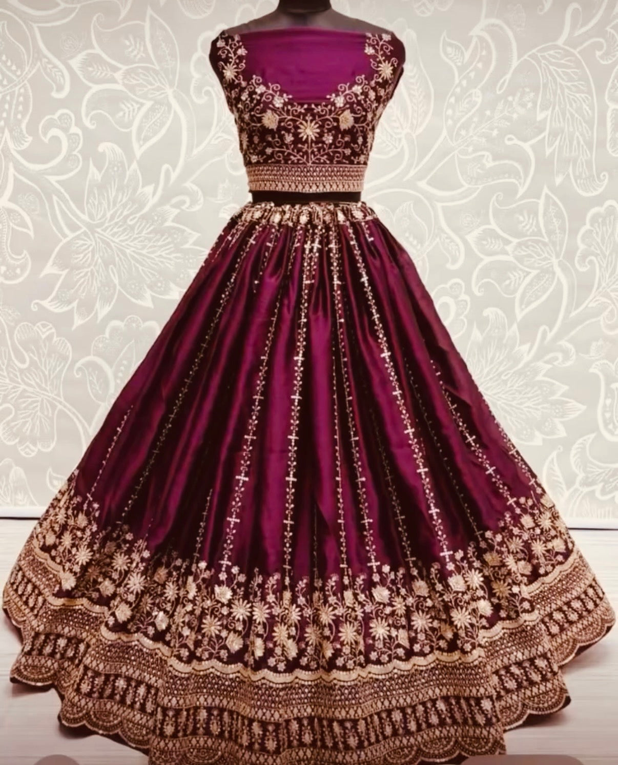 Maroon Chiffon Satin Embroidered Lehenga Set | Bridal & Festive Wear