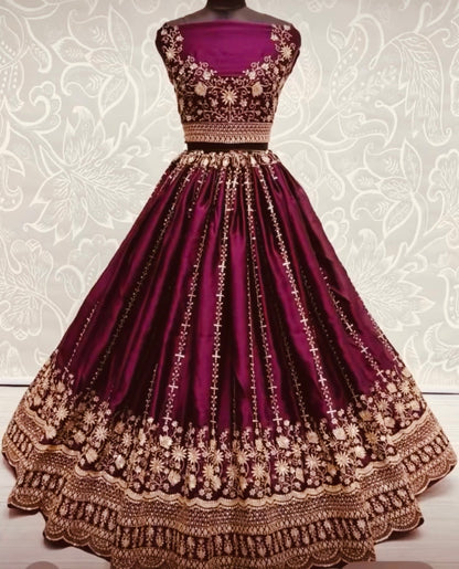 Maroon Chiffon Satin Embroidered Lehenga Set | Bridal & Festive Wear