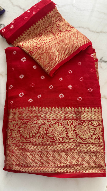 Multi color hand bandhej bandhani saree with Rich zari weaving work
