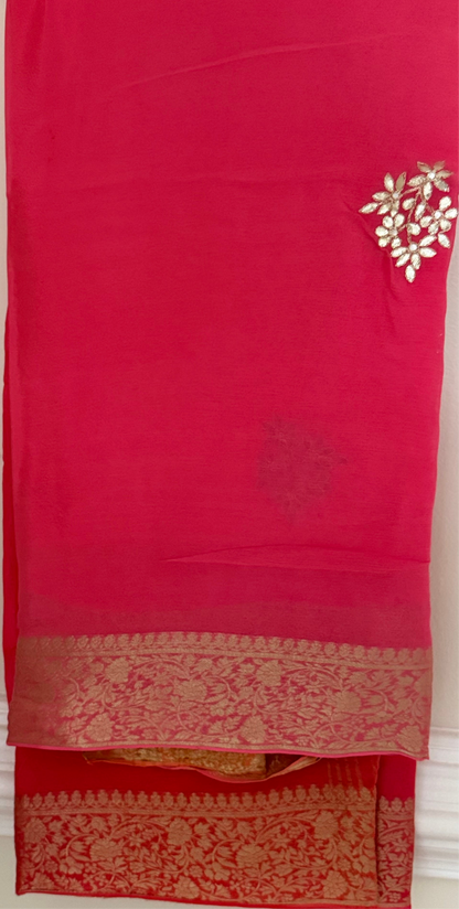 Limited Edition Pink-Orange Ombre Georgette Saree with Gota Patti Work