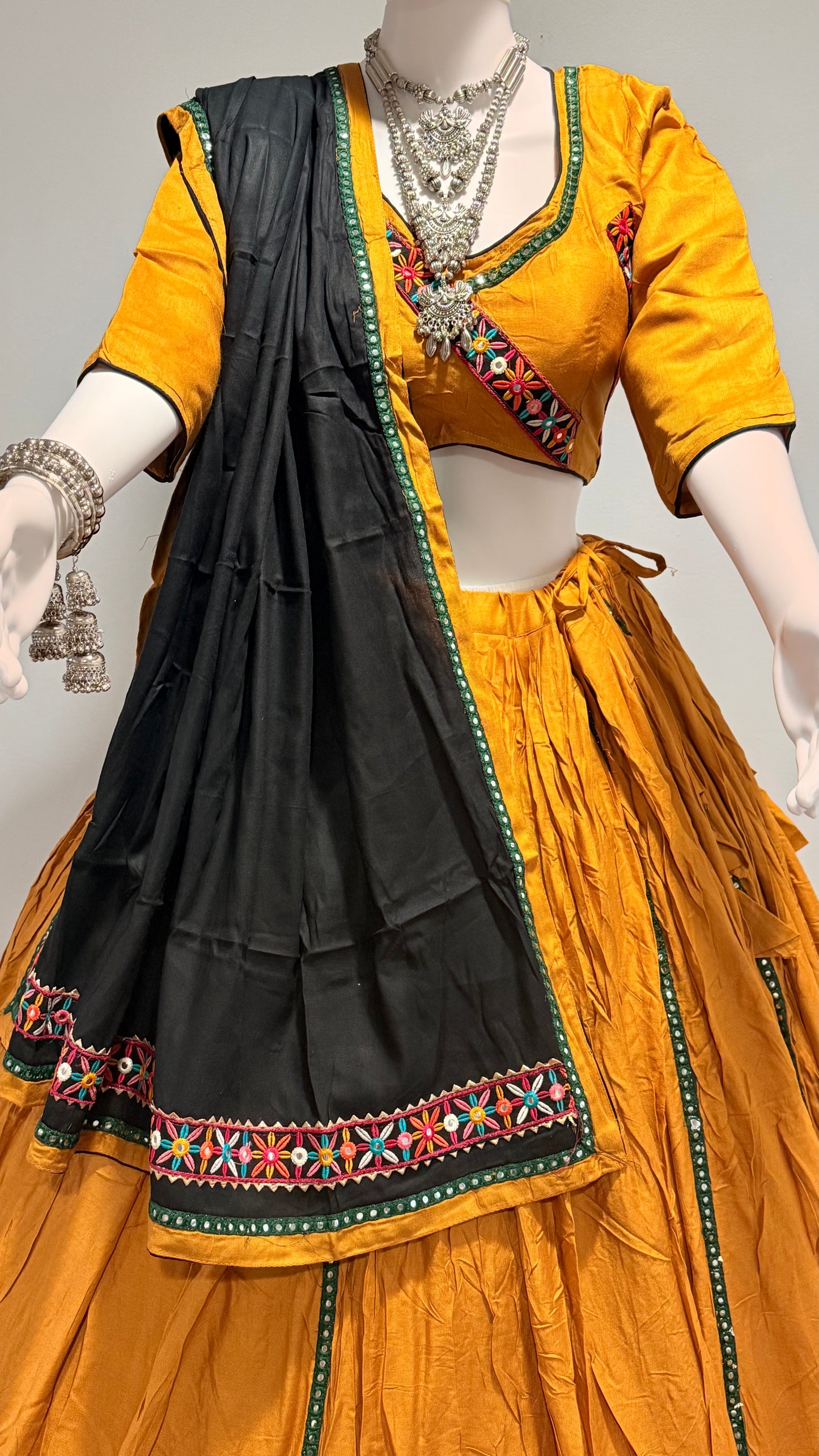 mustard rayon cotton chaniya choli & black dupatta