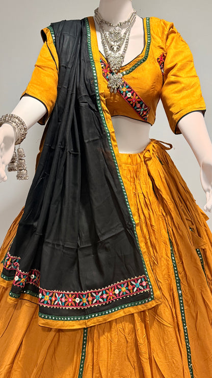 mustard rayon cotton chaniya choli & black dupatta