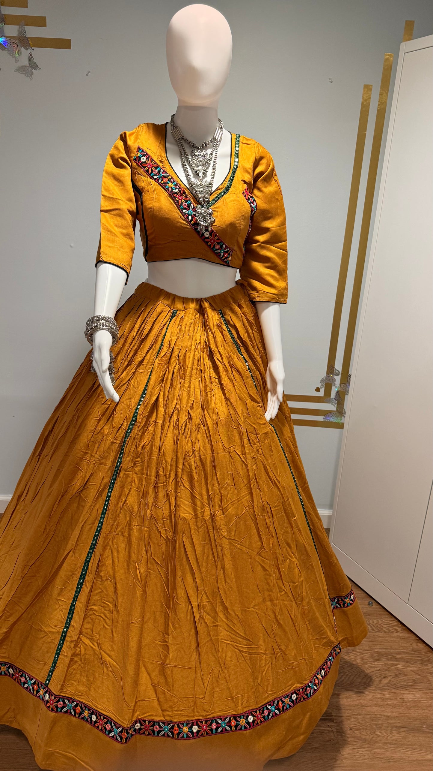 mustard rayon cotton chaniya choli & black dupatta