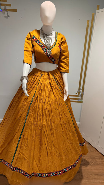 mustard rayon cotton chaniya choli & black dupatta