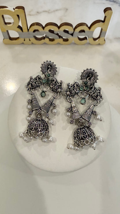 Oxidized Silver Earrings with Goddess Laxmi Design,