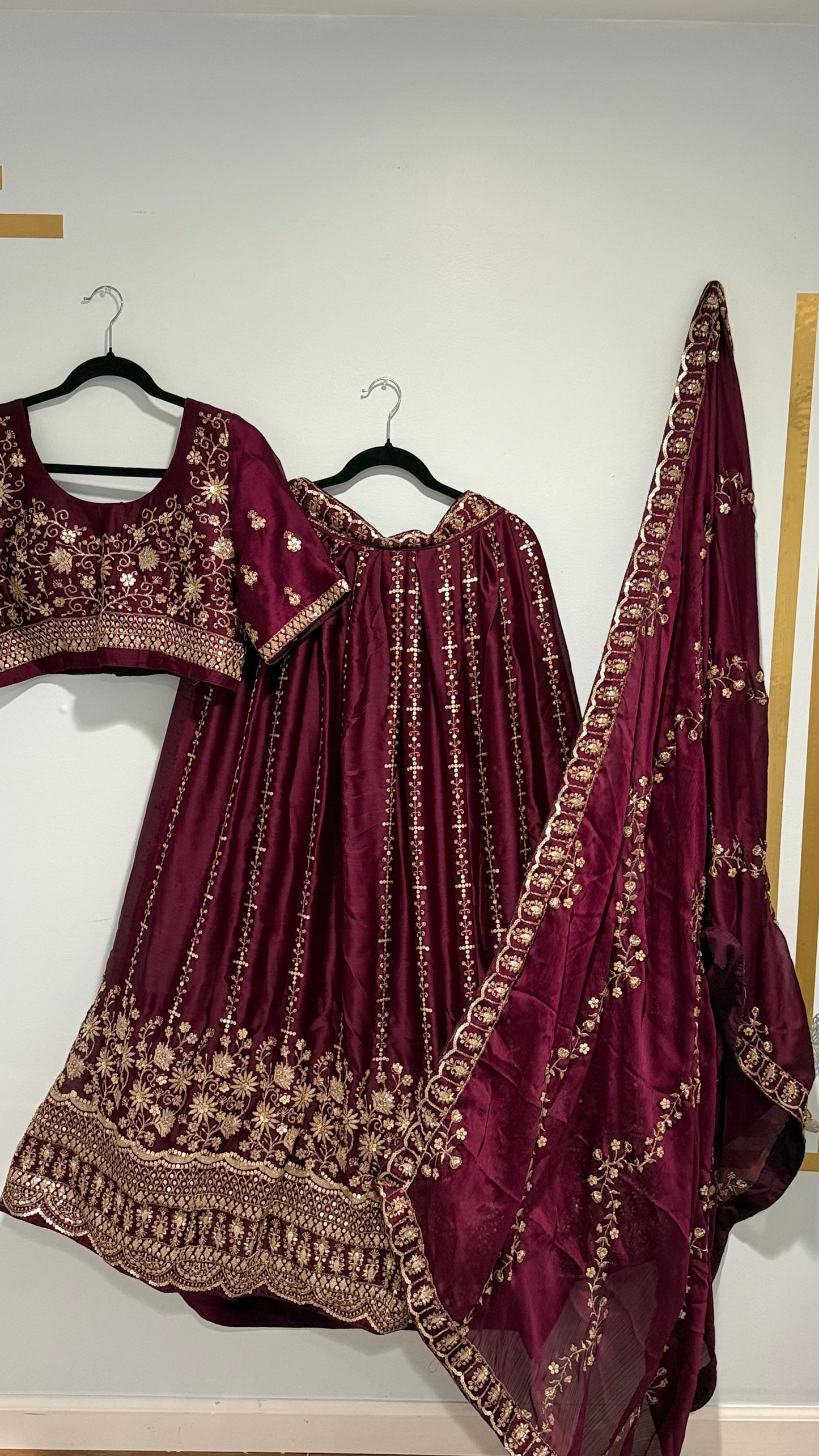 Maroon Chiffon Satin Embroidered Lehenga Set | Bridal & Festive Wear