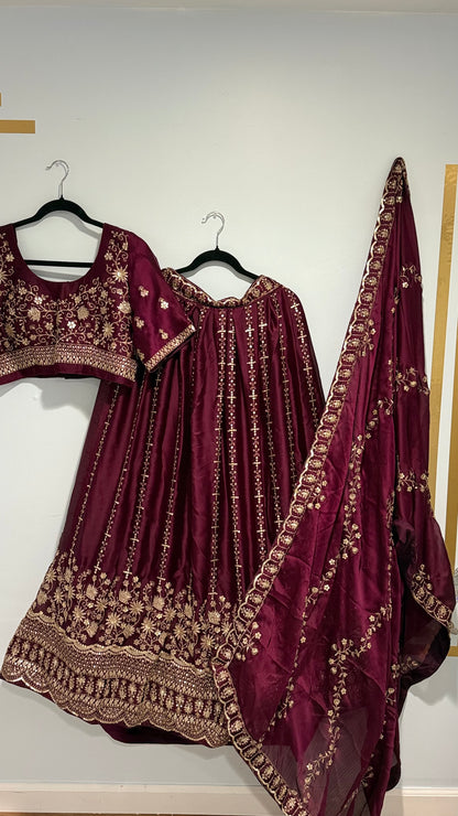 Maroon Chiffon Satin Embroidered Lehenga Set | Bridal & Festive Wear